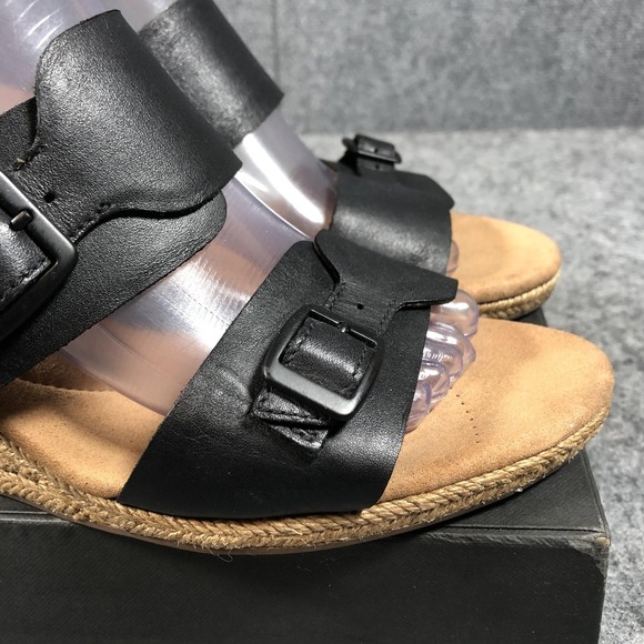 Clarks Sandals Womens 11M Black Leather Espadrille Wedge Buckle Comfort Shoes - Picture 16 of 16